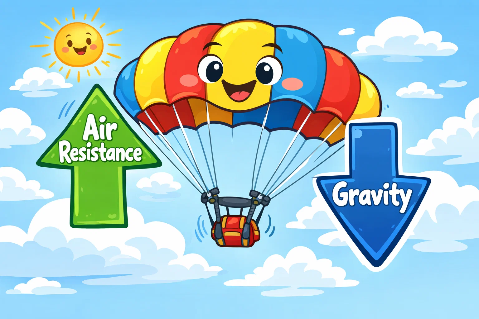 Educational cartoon showing gravity and air resistance forces acting on a falling parachute.