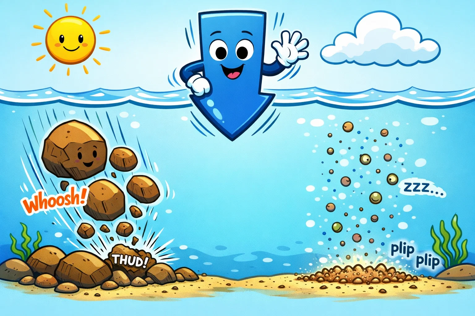 How sedimentation works in water with particles sinking at different speeds. How sedimentation works in water with particles sinking at different speeds.