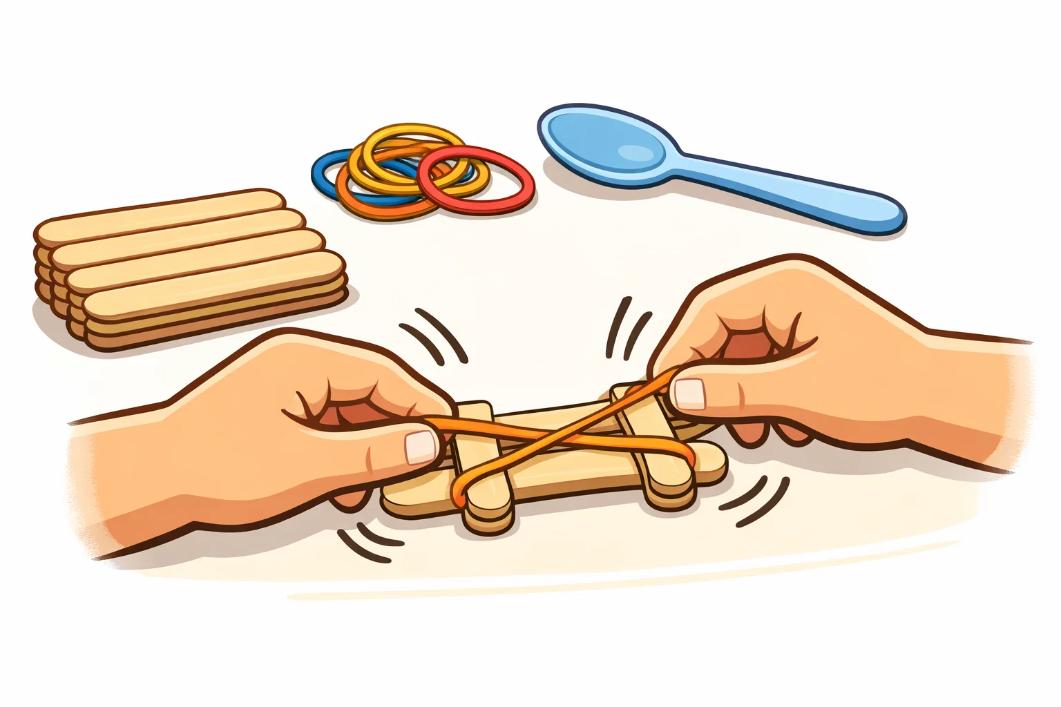 A cartoon step-by-step visual showing the assembly of a popsicle stick catapult and the necessary materials. A cartoon step-by-step visual showing the assembly of a popsicle stick catapult and the necessary materials.