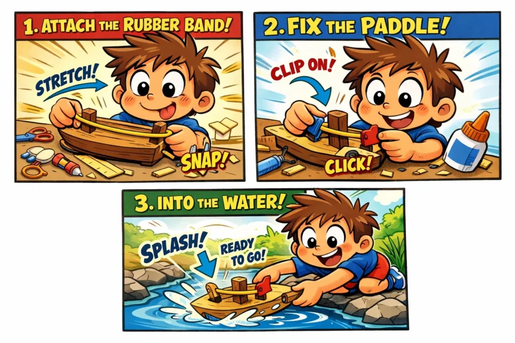 How to make rubber band powered boat with simple materials.