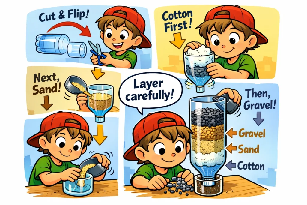 Child setting up water filtration bottle with sand and gravel layers.
