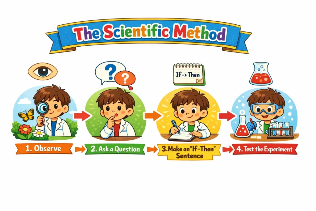 Step by step illustration of how to write hypothesis for kids.
