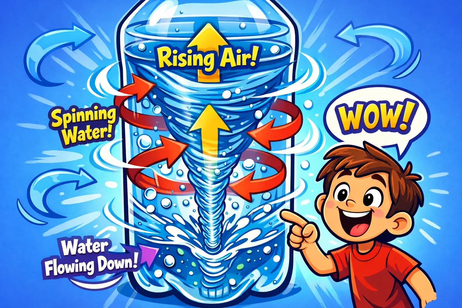 How tornado in a bottle works showing vortex motion and spinning water inside bottle.