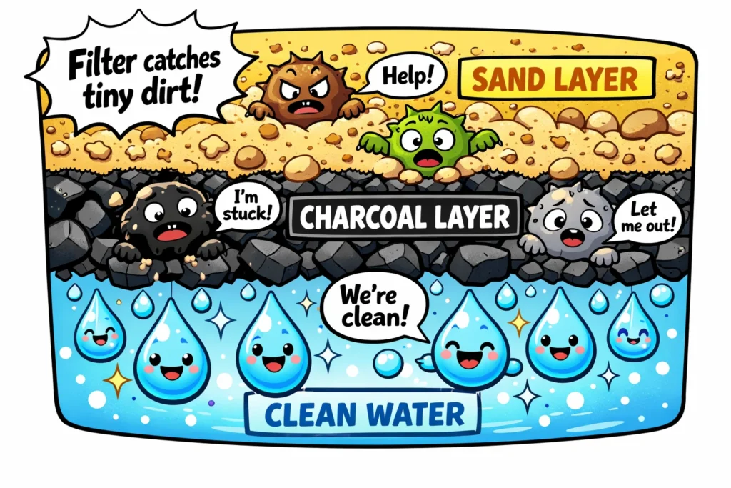 Diagram showing how water filtration works with sand and charcoal layers.
