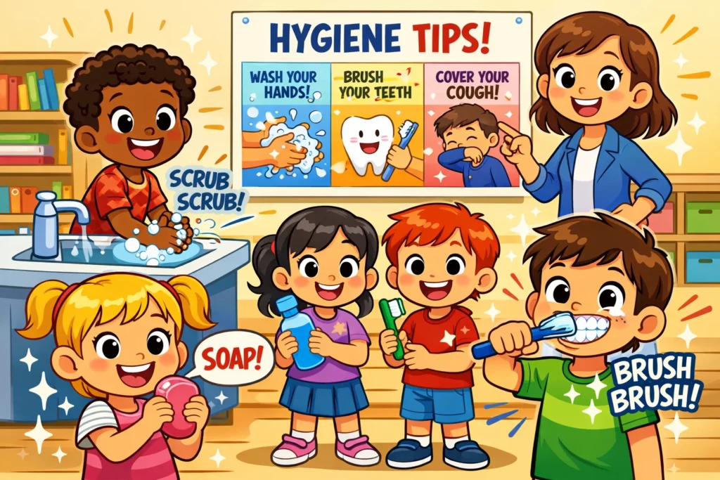 Hygiene activities for kids learning daily personal care through fun classroom play.