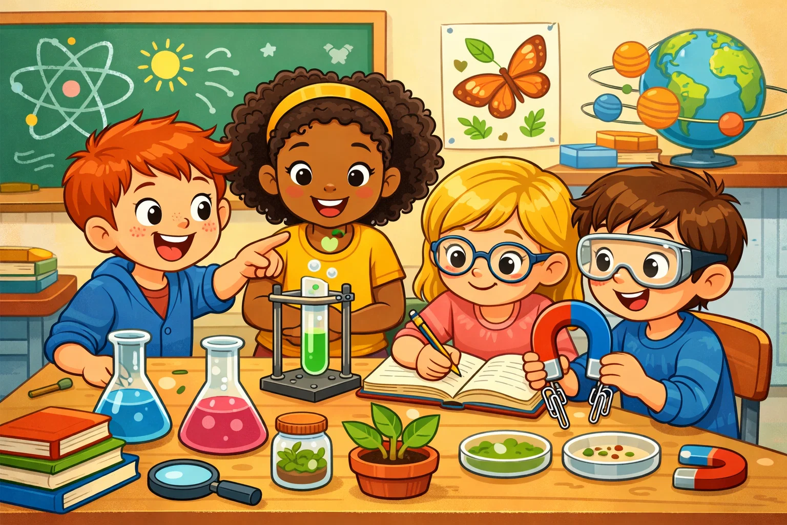 Kids practicing hypothesis writing for science experiments in a classroom.