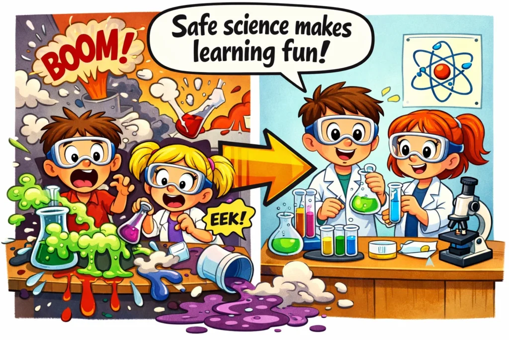 Importance home science safety for kids shown through safe and unsafe experiment comparison.