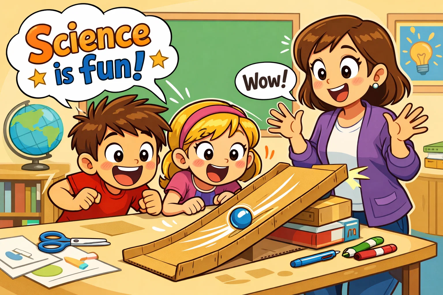 Cartoon kids building a cardboard ramp for a marble experiment in a classroom with a happy teacher.