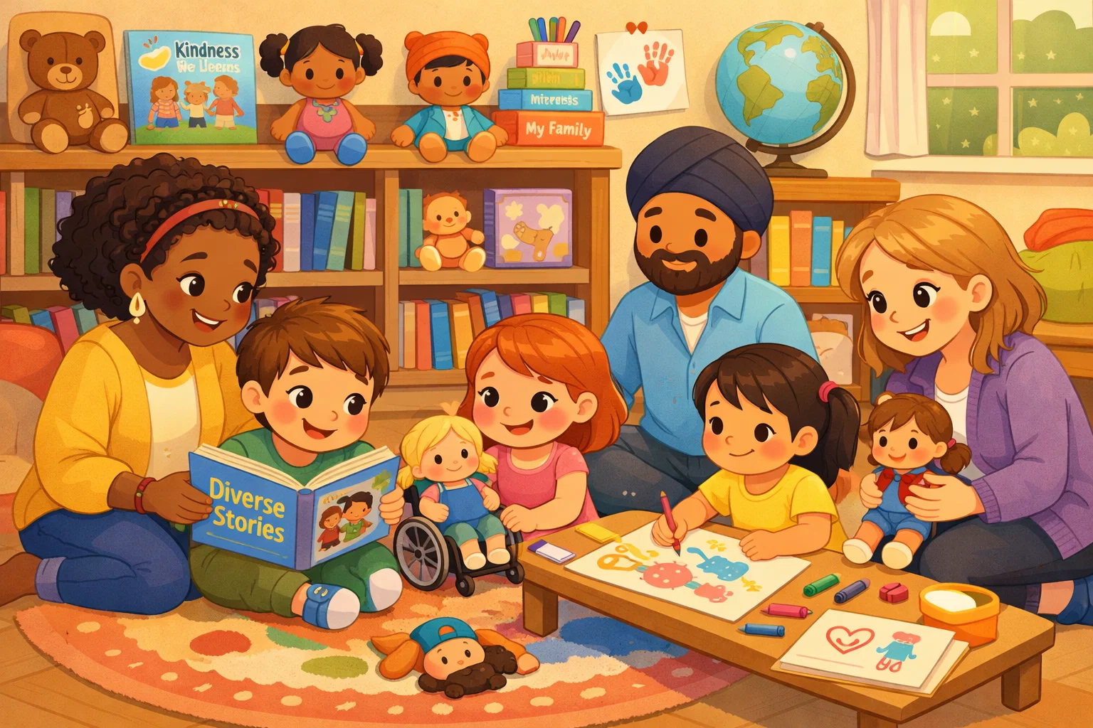 Inclusive environment at home and nursery with children playing and reading together.