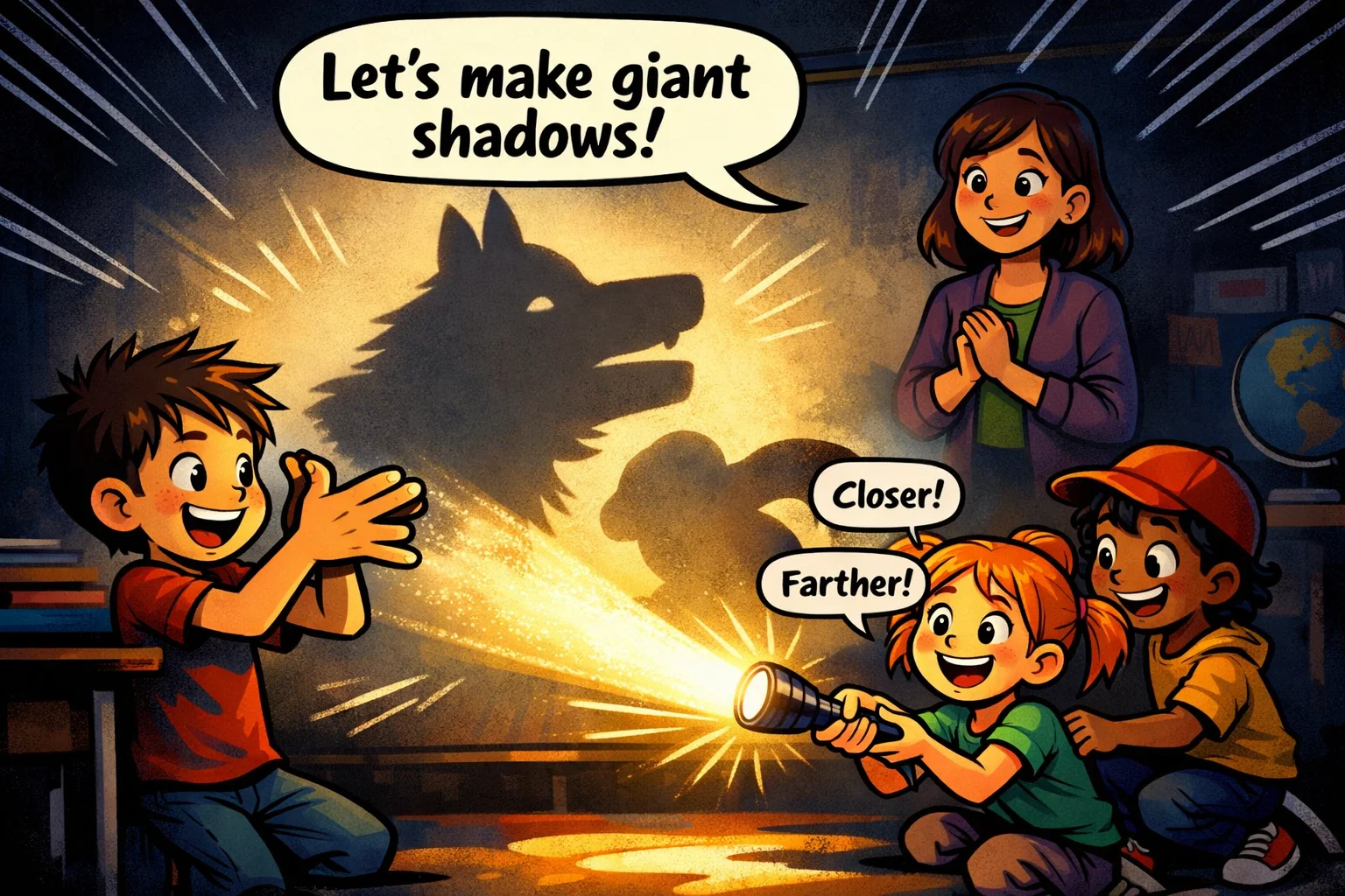 Kids enjoying indoor shadow play activities with flashlight and wall shadows.