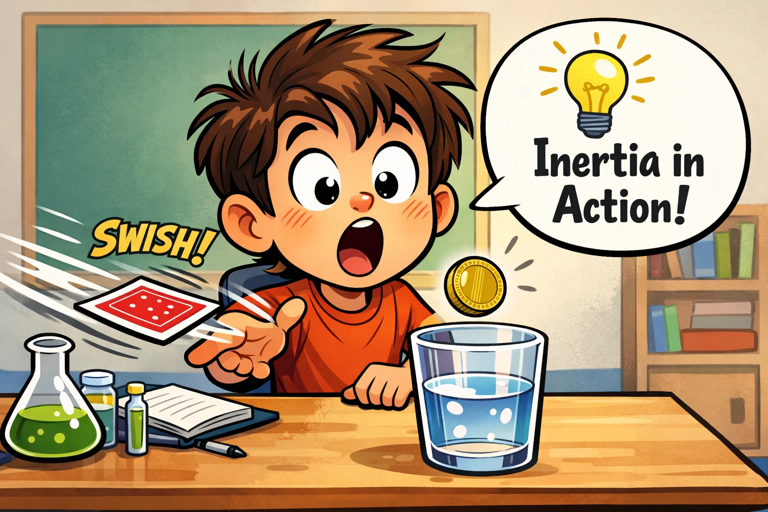 Cartoon student performing an inertia science experiment with a coin, card, and glass in a playful comic style.