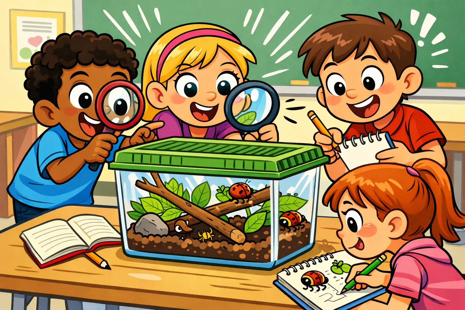 Insect habitat observation experiment for kids with children studying insects in a simple habitat.