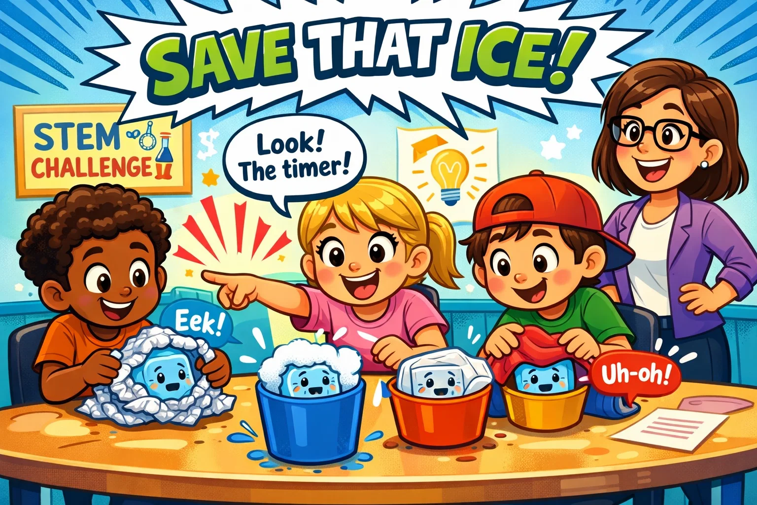 Kids doing insulation challenge to keep ice melting slow in science activity.