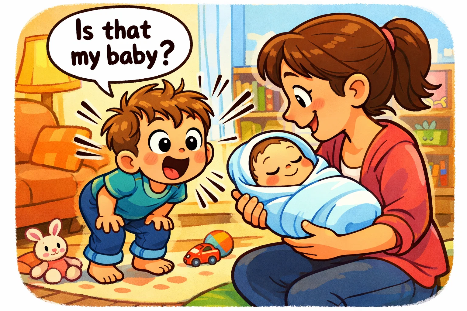 Introduce newborn to toddler at home in calm and safe family setting.