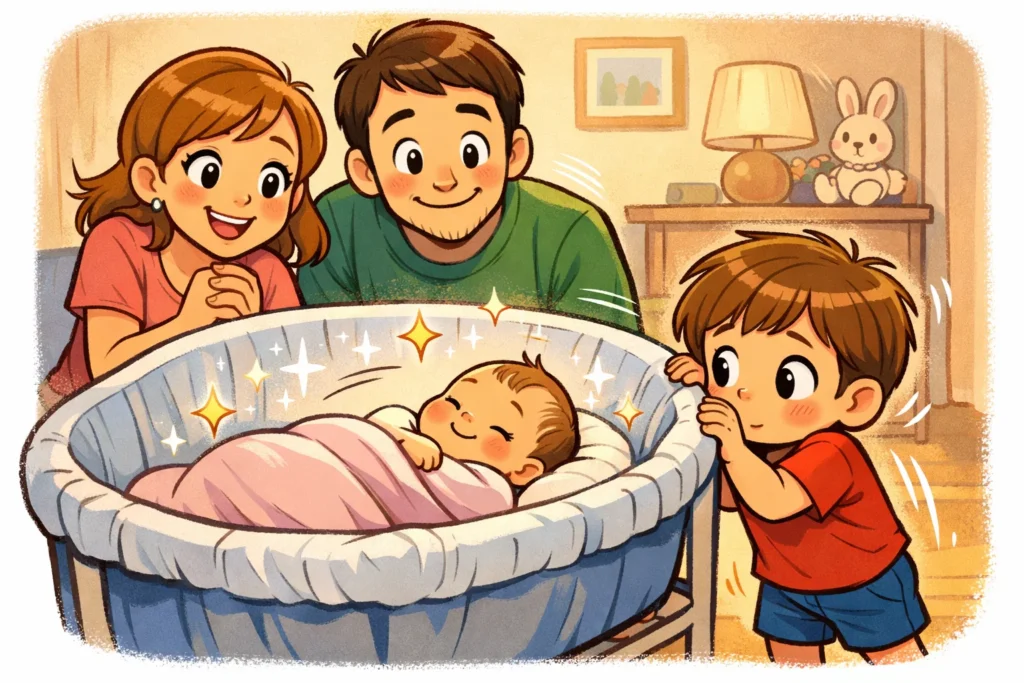 Introducing toddler to baby sibling in gentle and supportive environment.