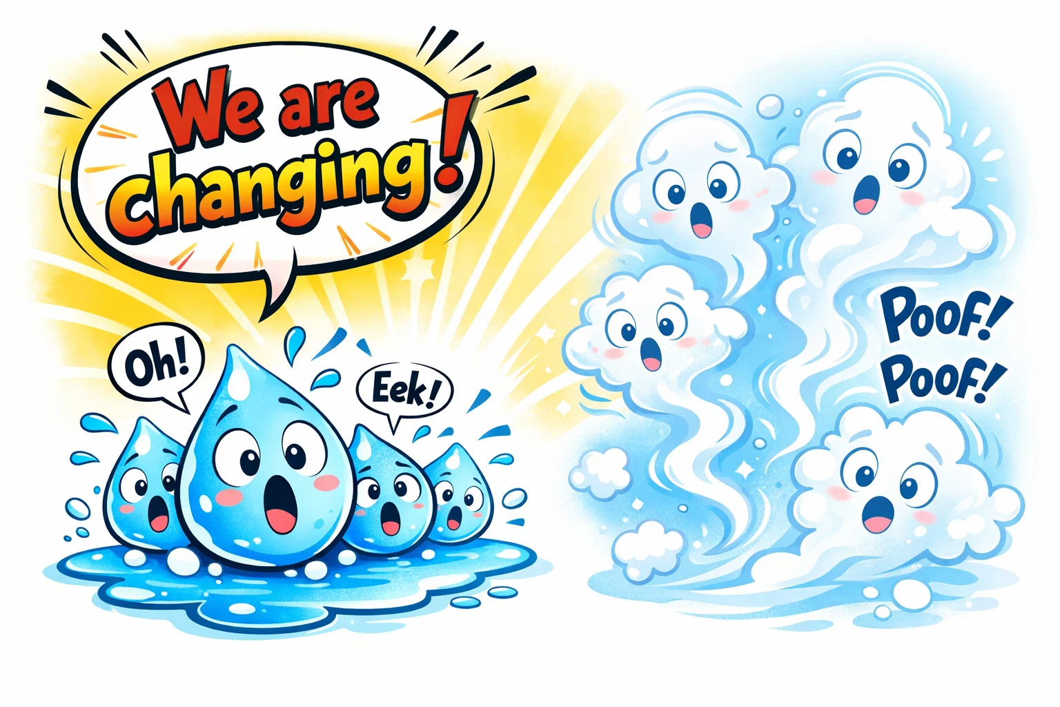 Playful cartoon of water droplets turning into vapor with a speech bubble in a comic book style. Playful cartoon of water droplets turning into vapor with a speech bubble in a comic book style.