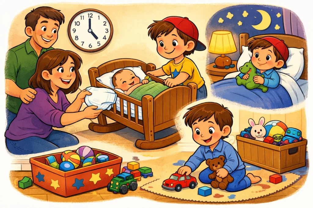 Involving older children without disrupting routines supports family balance.