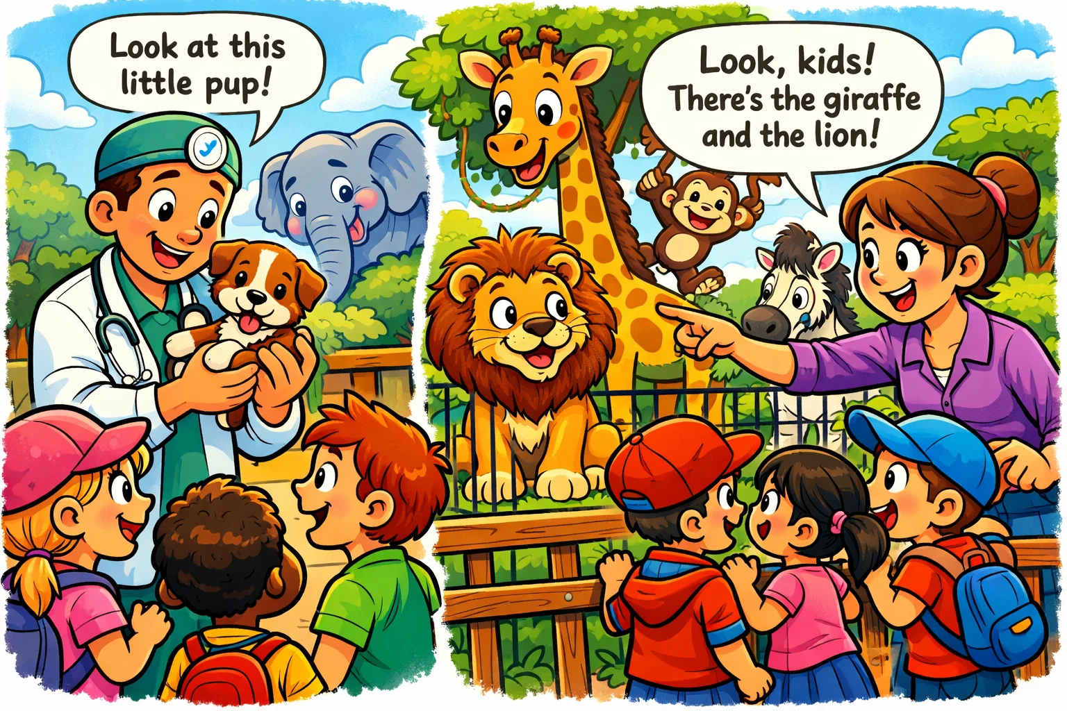  Kids animal field trip with children learning from vets and zoo animals.