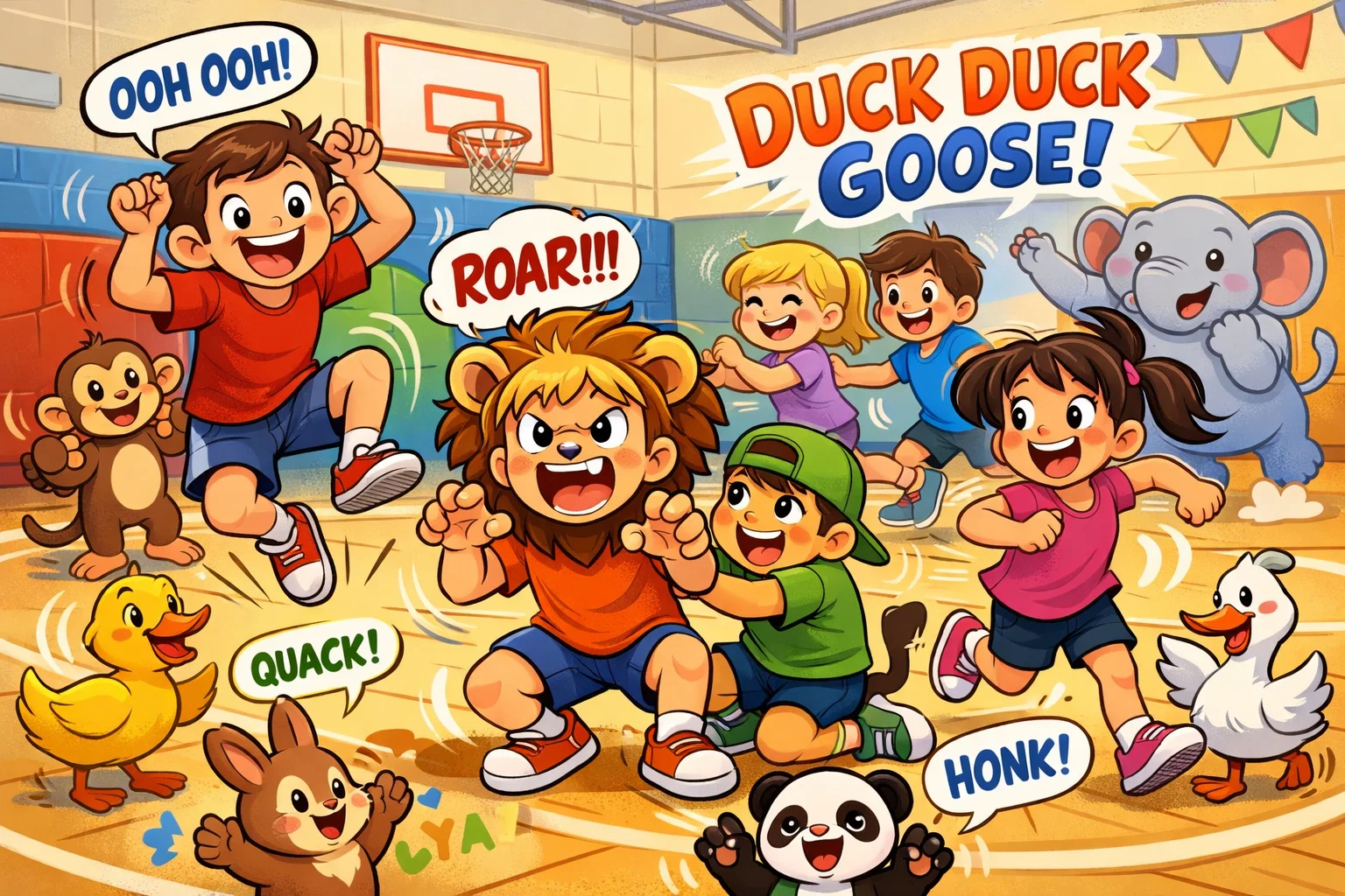 Kids animal games in playground with children running and acting like animals.