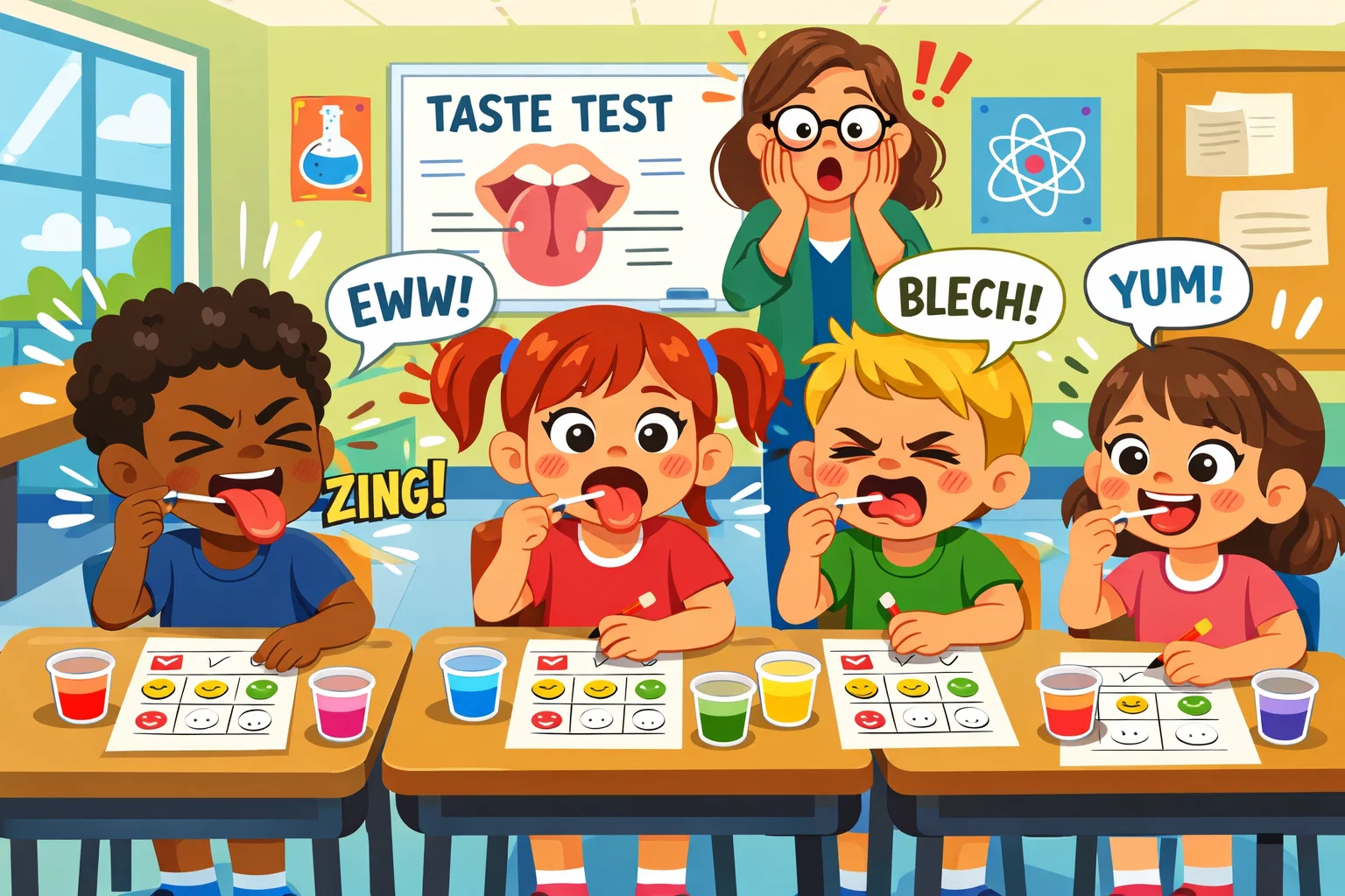 Kids taste buds experiment using cotton swabs in classroom.