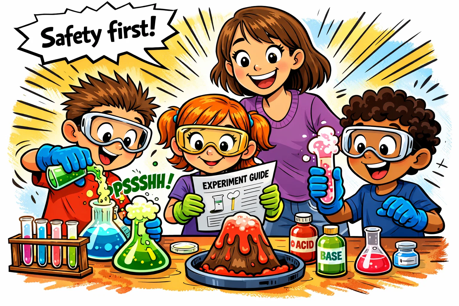 Lab safety rules kids home experiments with children wearing goggles and following safety rules.