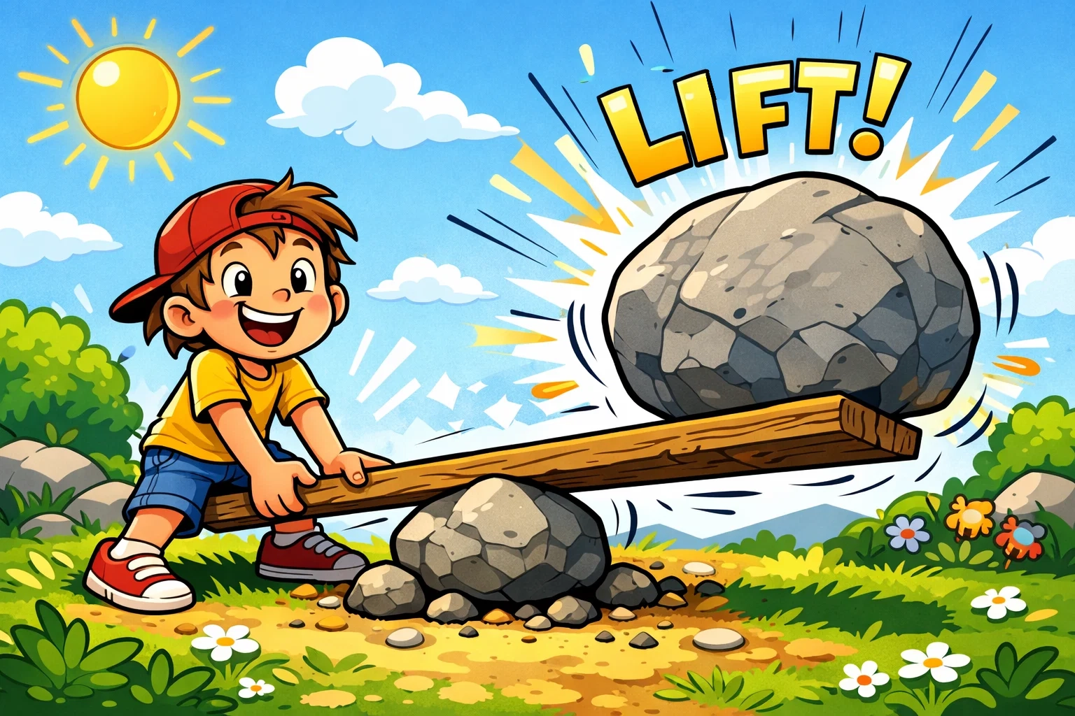 Cartoon of a child lifting a heavy rock with a long lever in a sunny backyard, showing mechanical advantage.