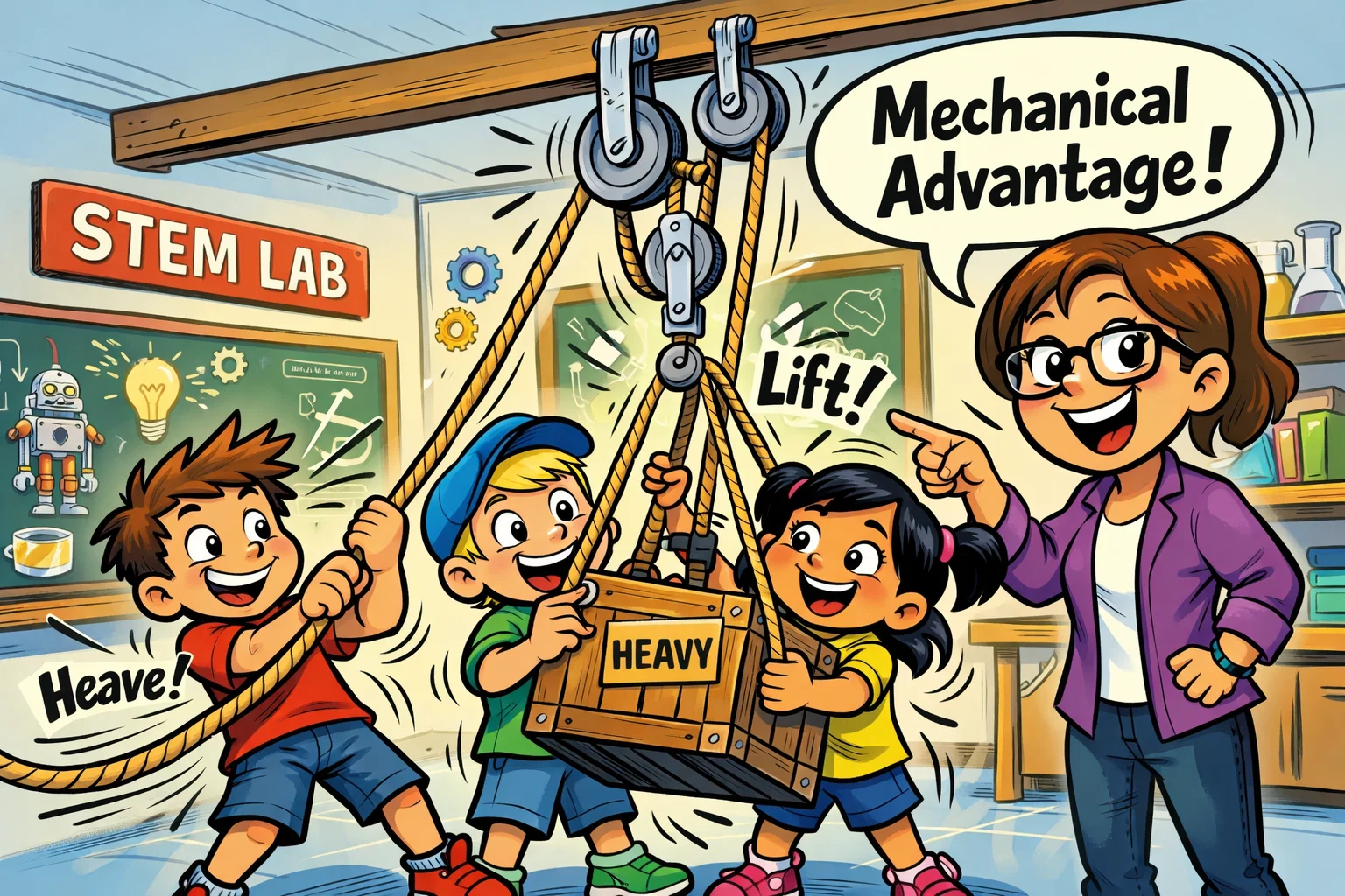 Lift carry pulley challenge for kids showing mechanical advantage in action.