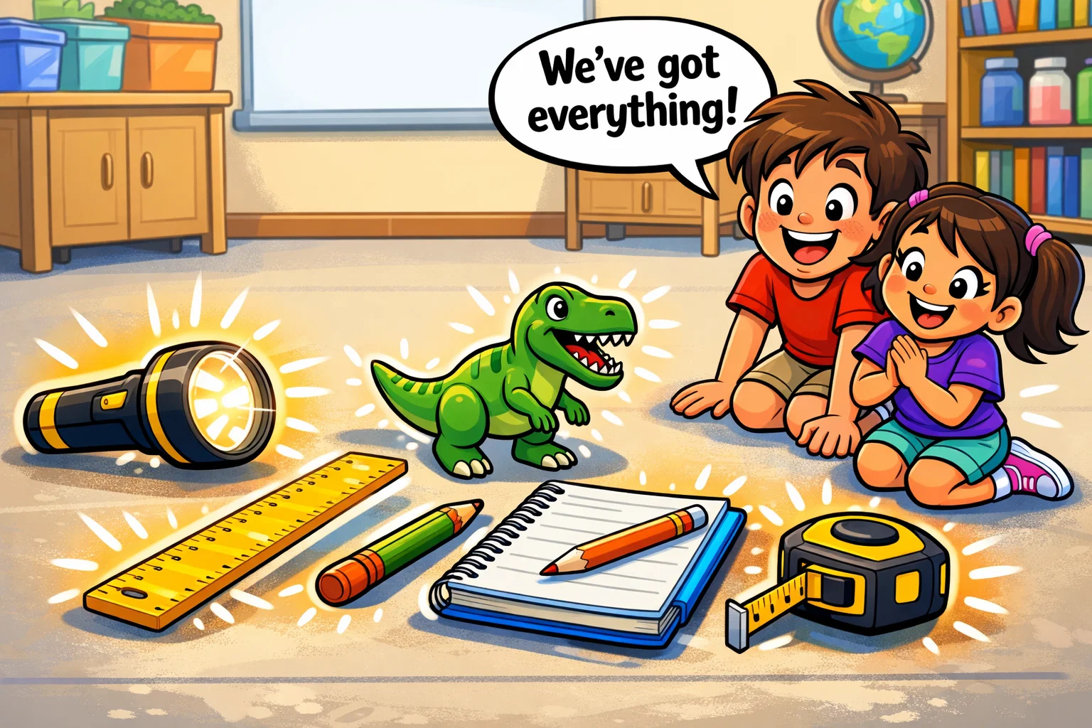 Light source distance experiment equipment with flashlight ruler and toy object.