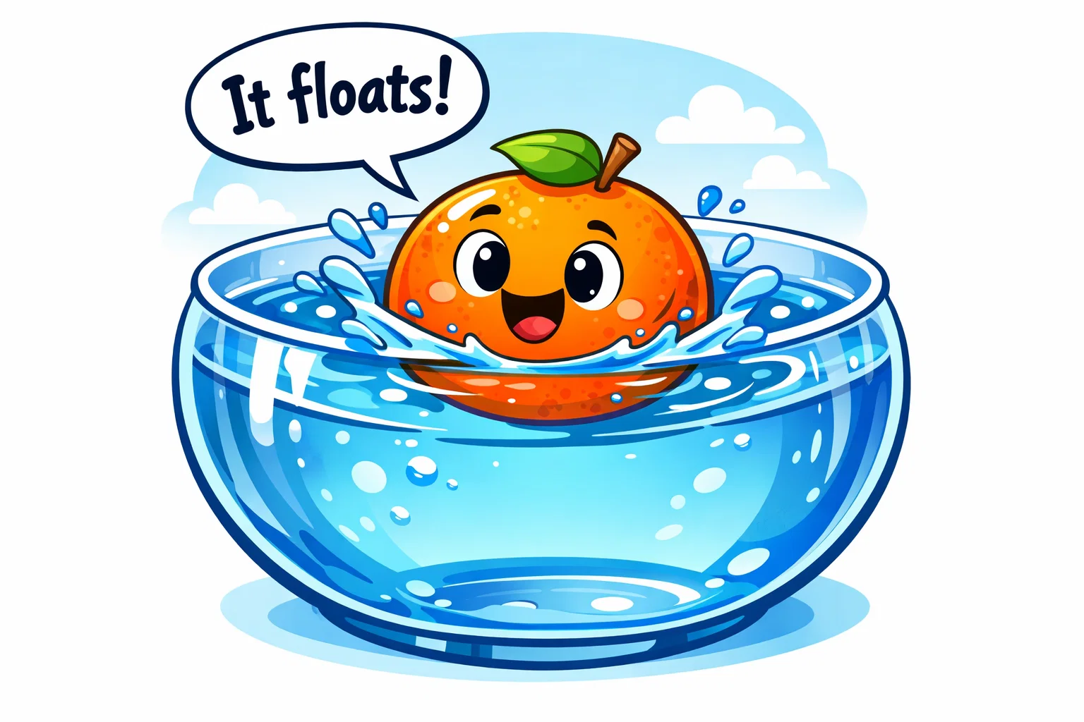 A playful cartoon of an orange floating in a bowl of water to demonstrate the concept of buoyancy.