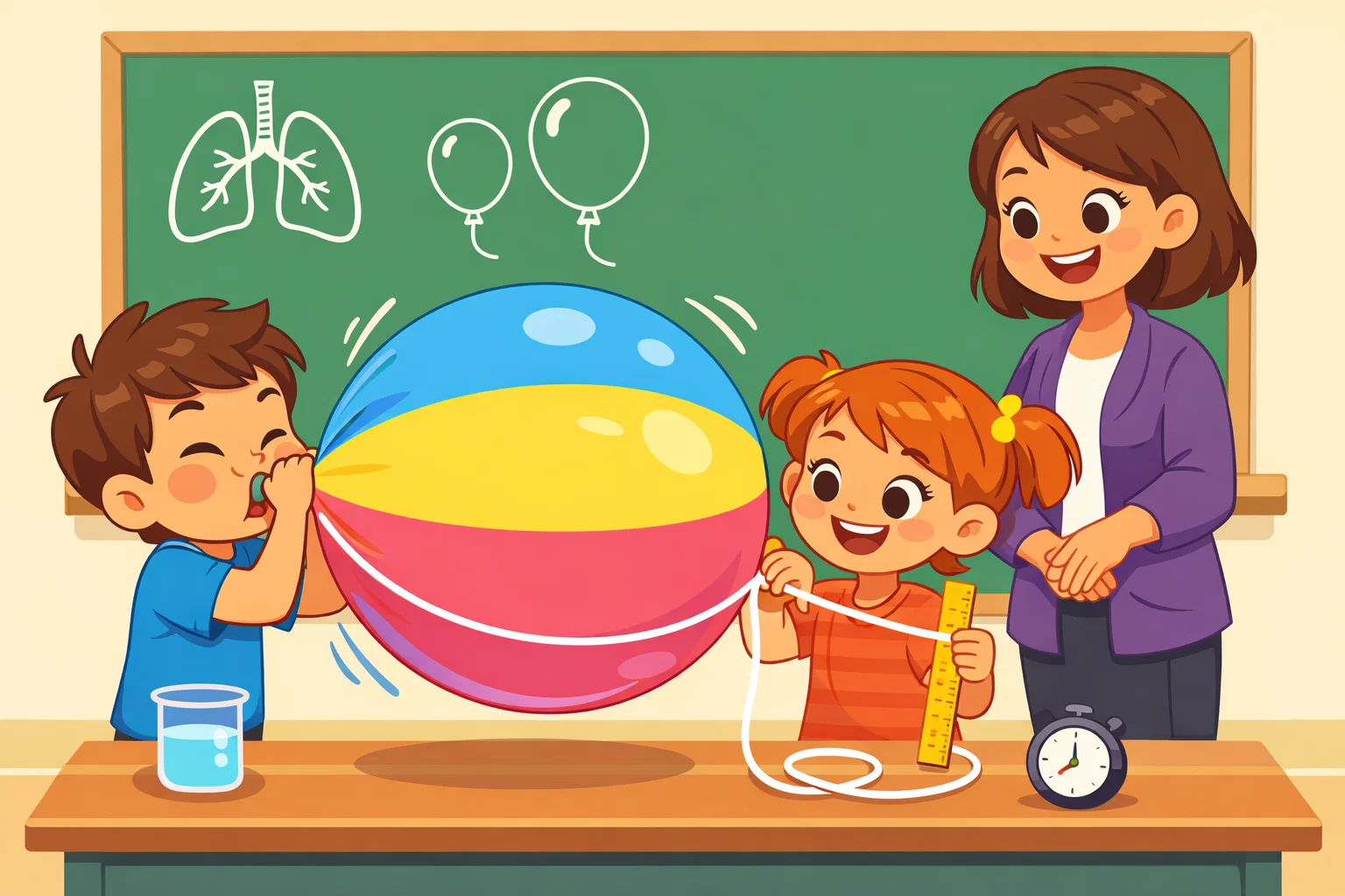 Lung capacity balloon experiment kids measuring breath volume with balloons.