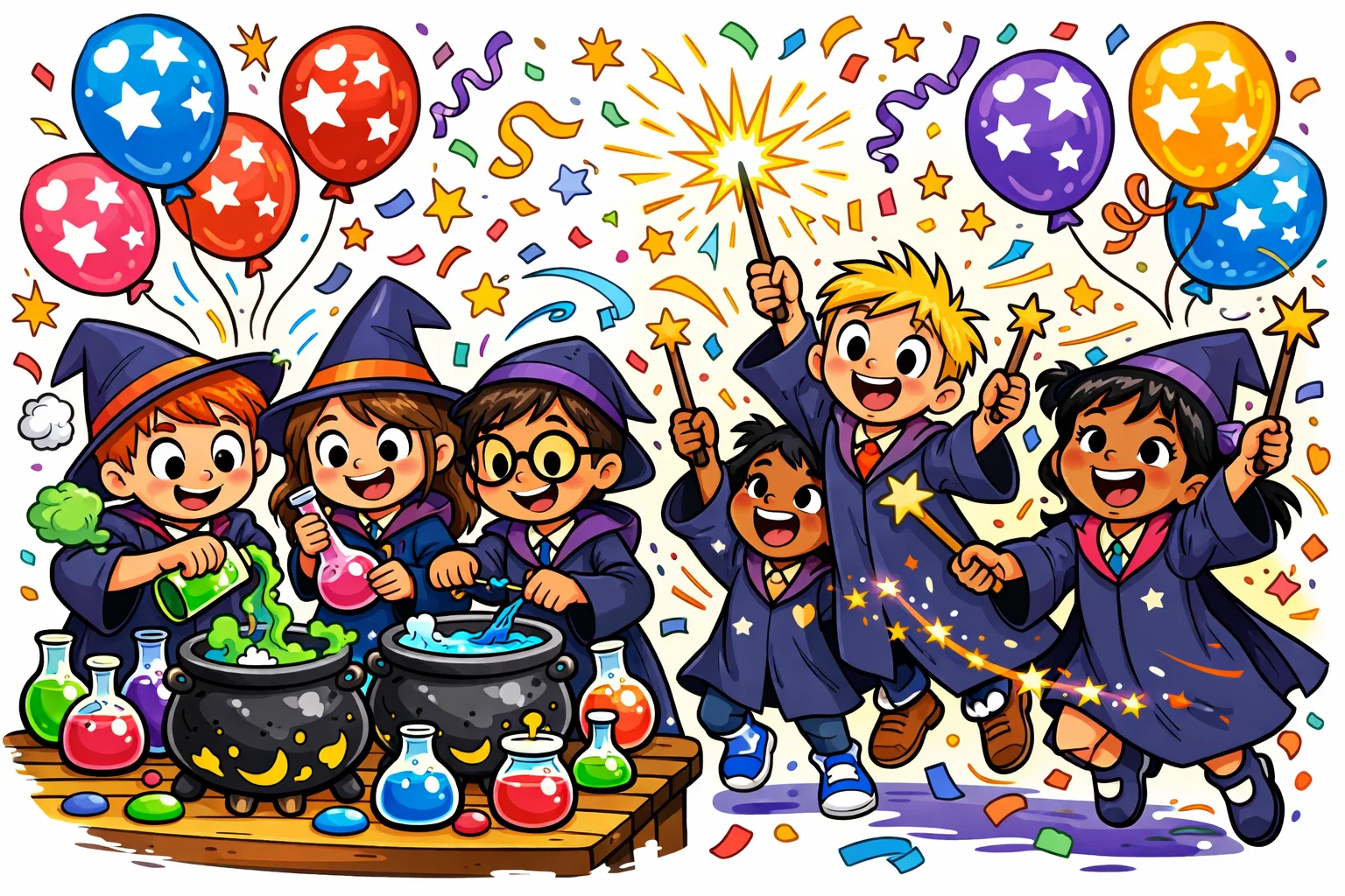 Magical Harry Potter party activities with kids celebrating and playing wizard games.