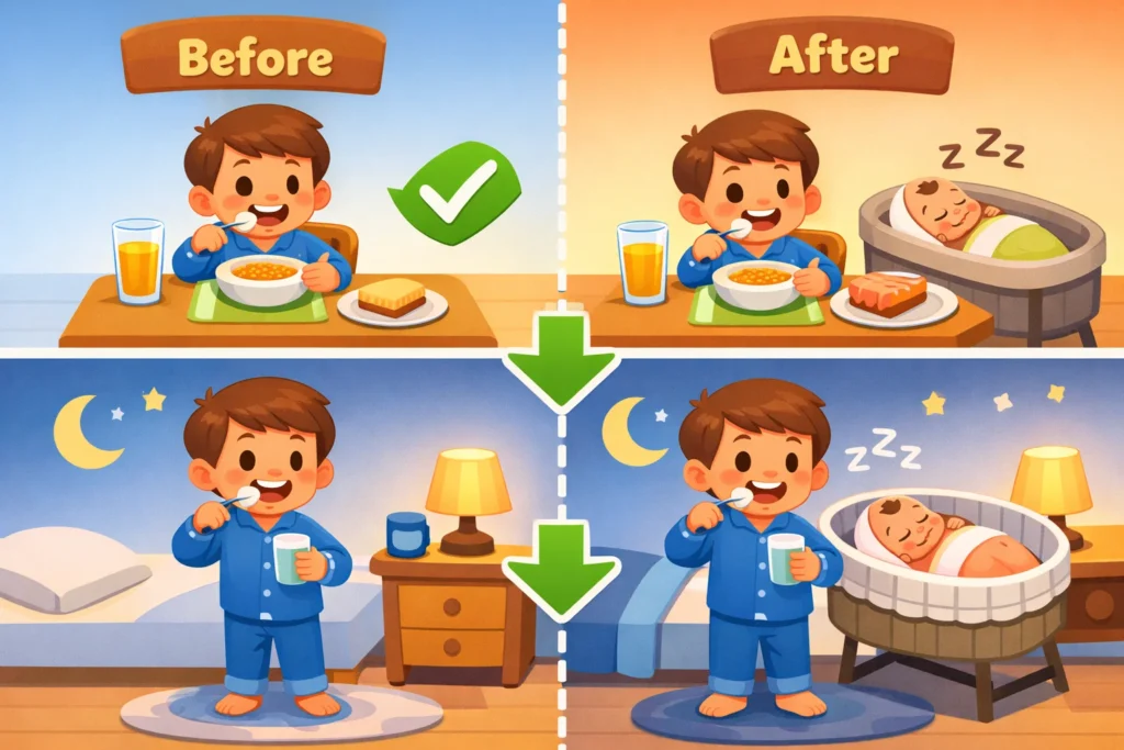 Maintaining daily routines during new baby transition supports emotional stability.