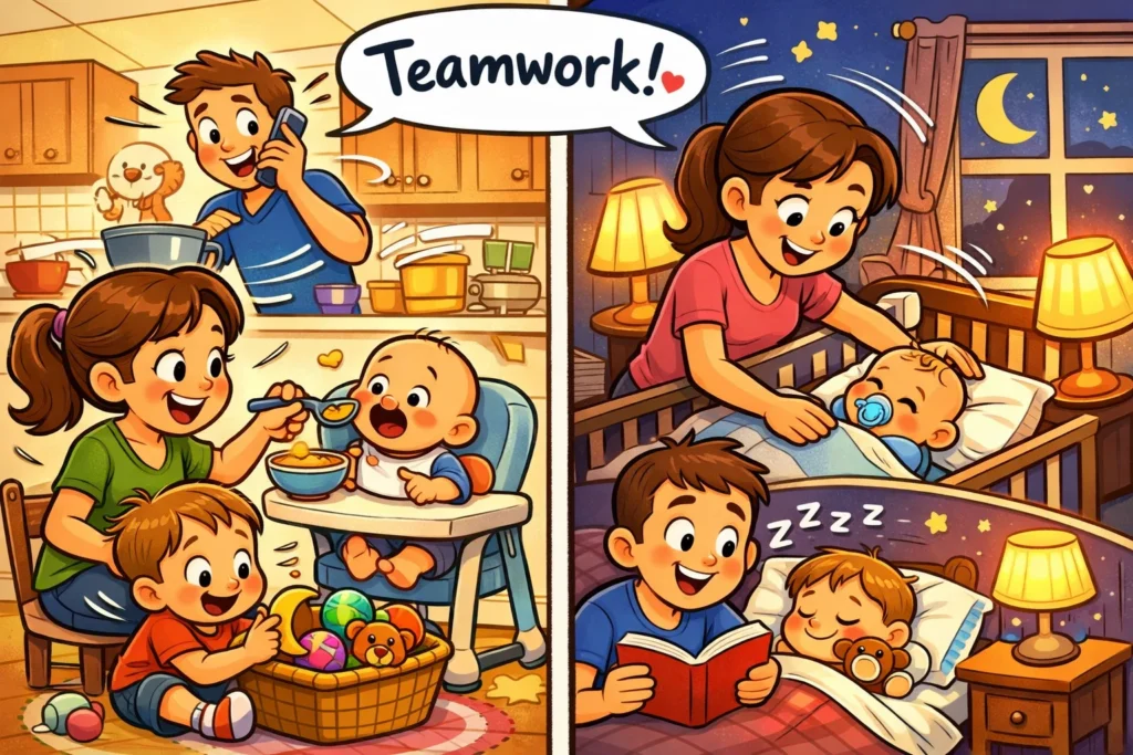 Managing daily life with toddler and baby during feeding and bedtime routines.