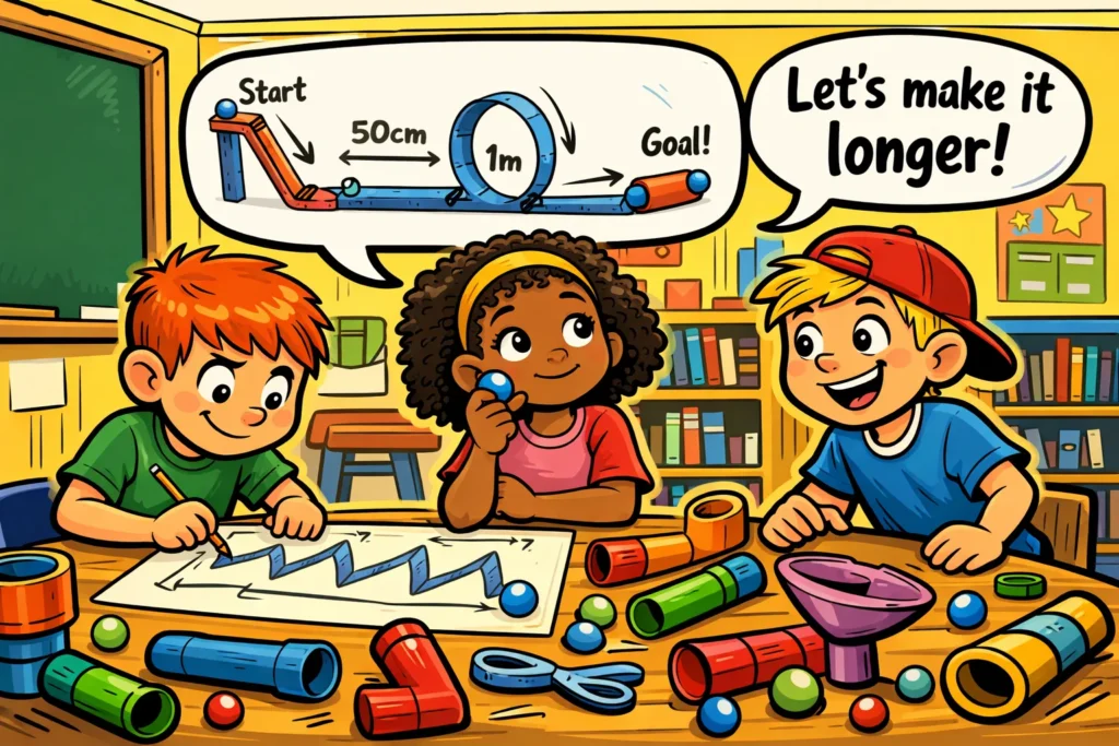 Marble run challenge concept for kids planning distance and track design.
