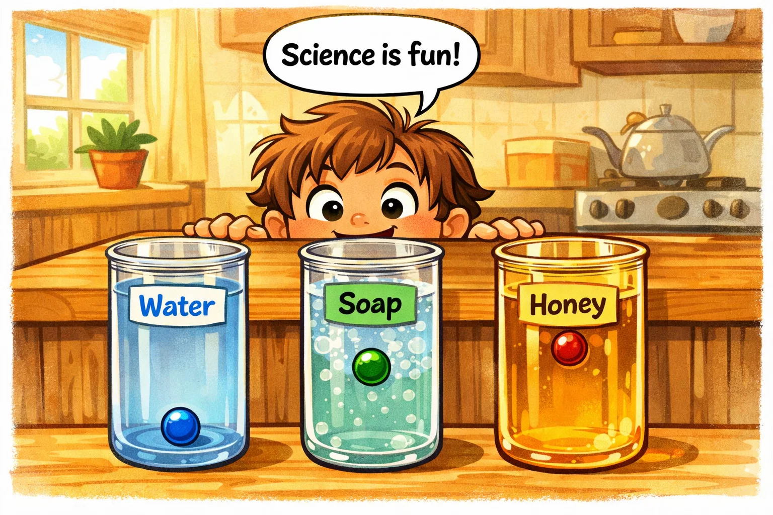 A playful cartoon showing marbles at different depths in jars of water, soap, and honey to demonstrate viscosity.