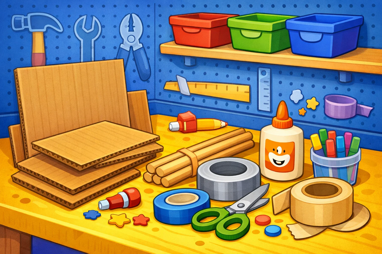 Cartoon collection of DIY materials on a yellow workbench with a pegboard background.