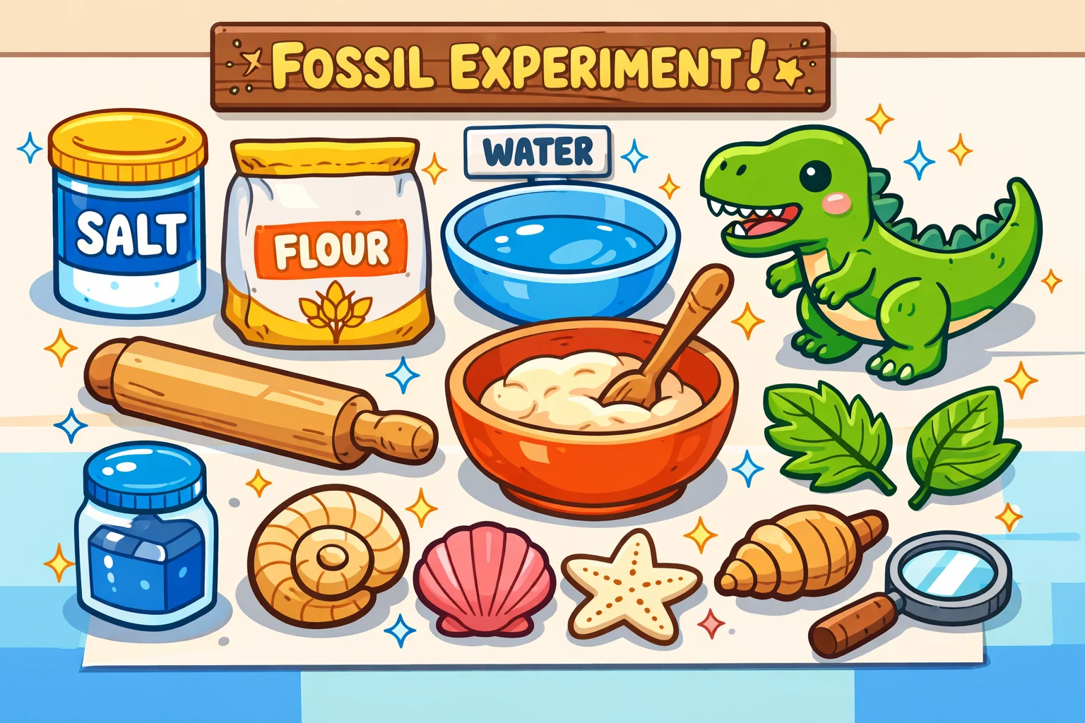 Materials for fossil formation experiment using household items for kids.