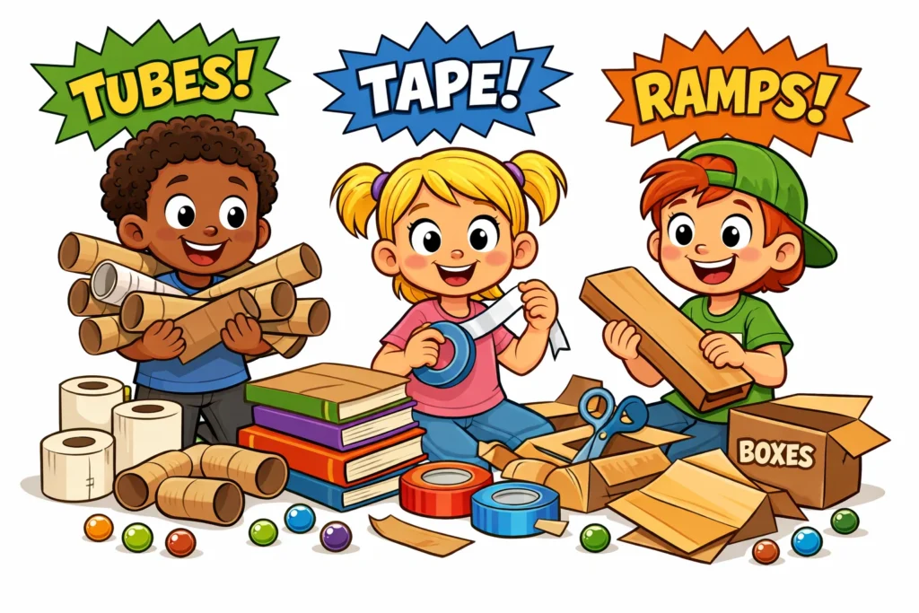 Materials for longest distance marble run challenge using cardboard tubes and tape.
