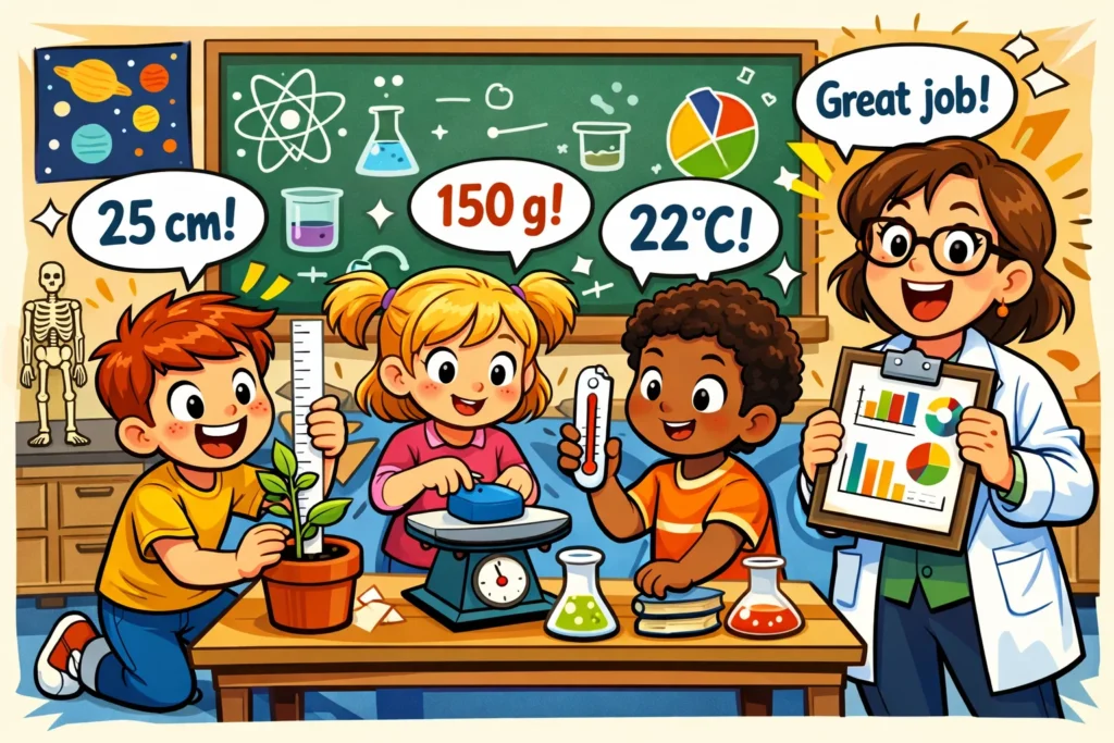 Measurement role in science learning for kids through experiments and data collection.

