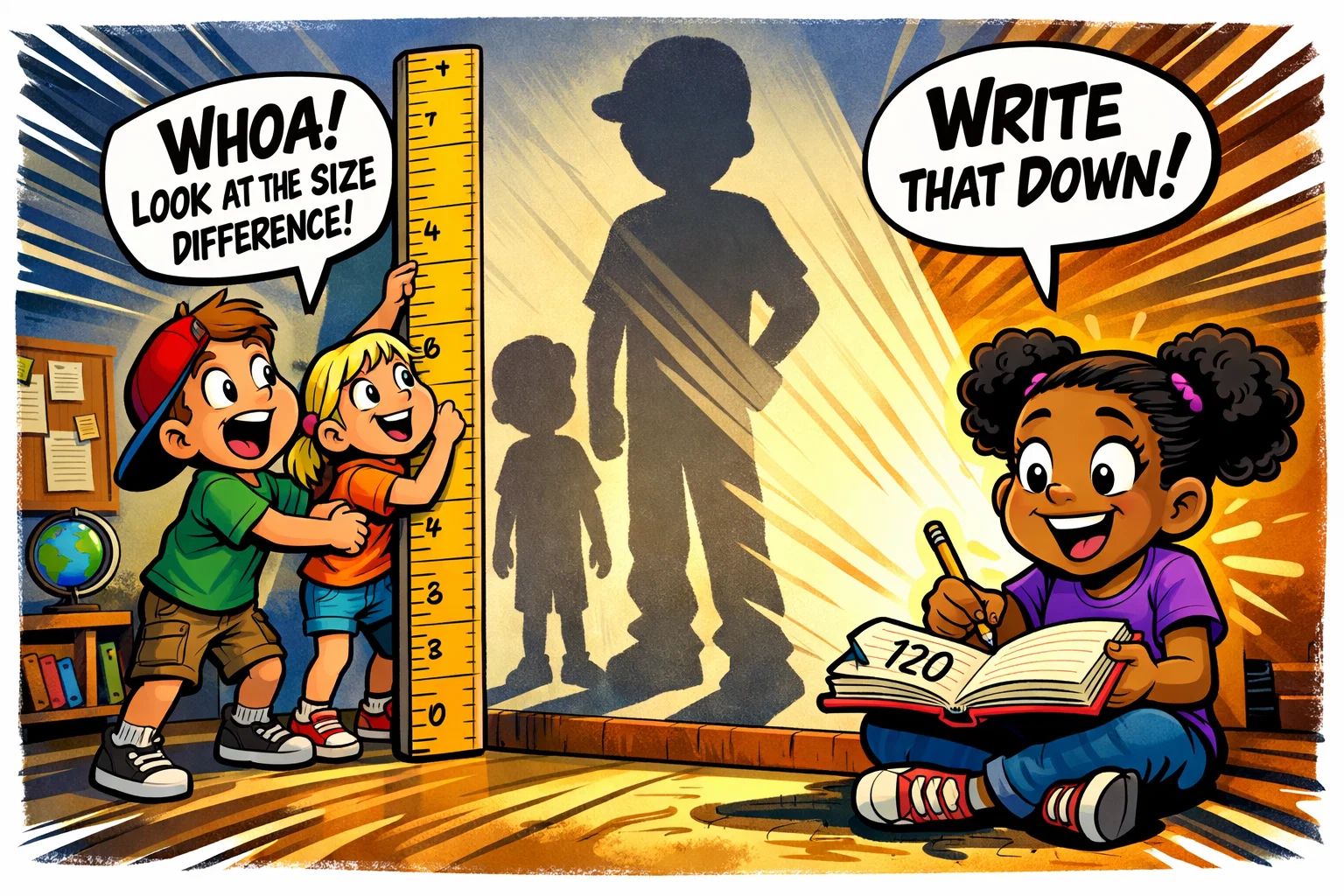 Students measuring shadows recording data during light source distance experiment.