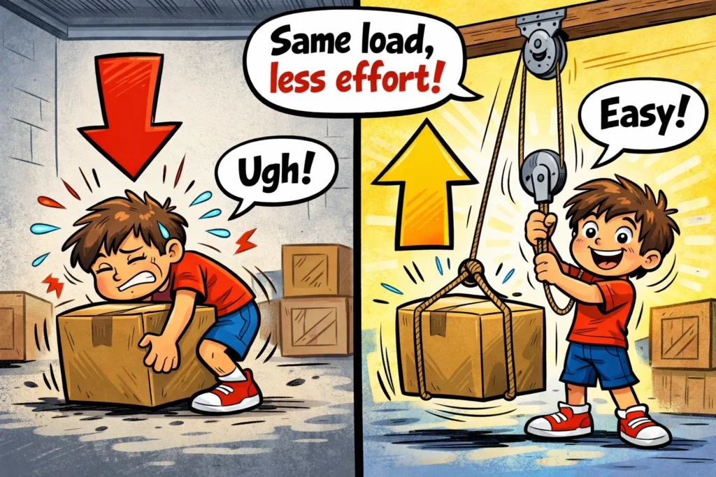 Mechanical advantage pulley tasks showing kids lifting loads with less effort.