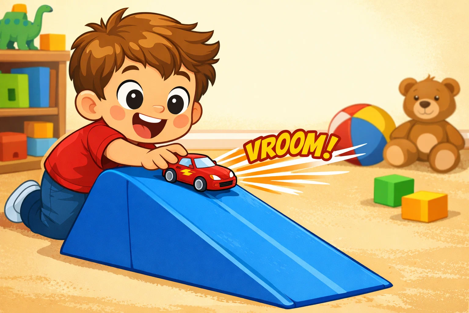 A colorful cartoon of a child using a toy ramp to explore how objects move and transfer motion energy.