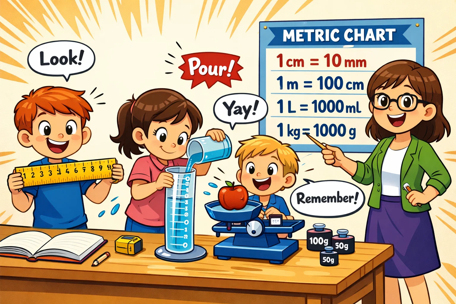 Metric measurement activities for kids in science classroom using rulers and measuring tools.