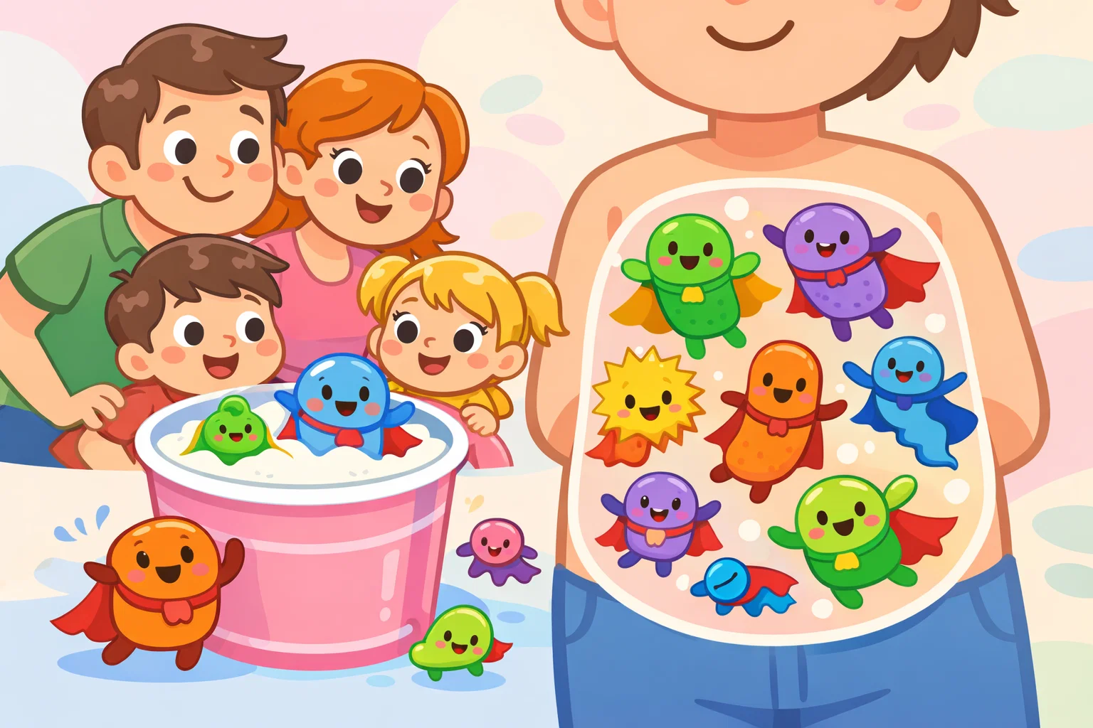 Microbiome basics explained to kids and families with friendly microbes.