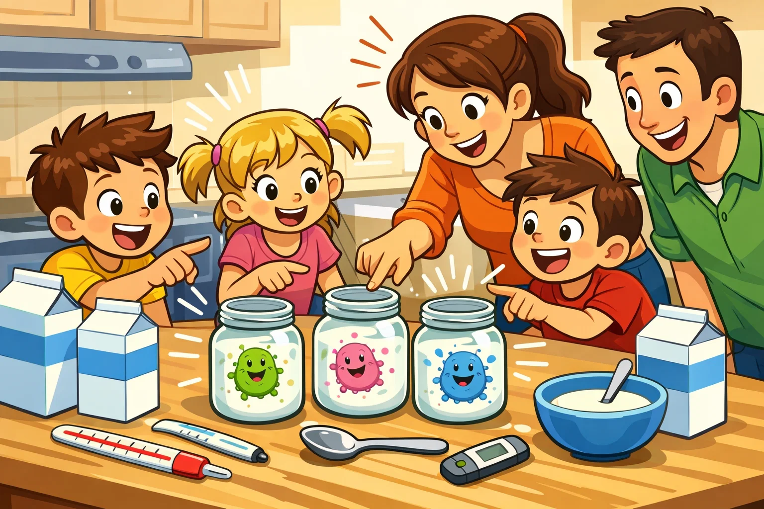 Kids doing a microbiome experiment with yogurt cultures at home.