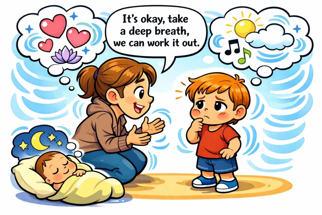 Modeling empathy without pressure as parent listens to toddler feelings.