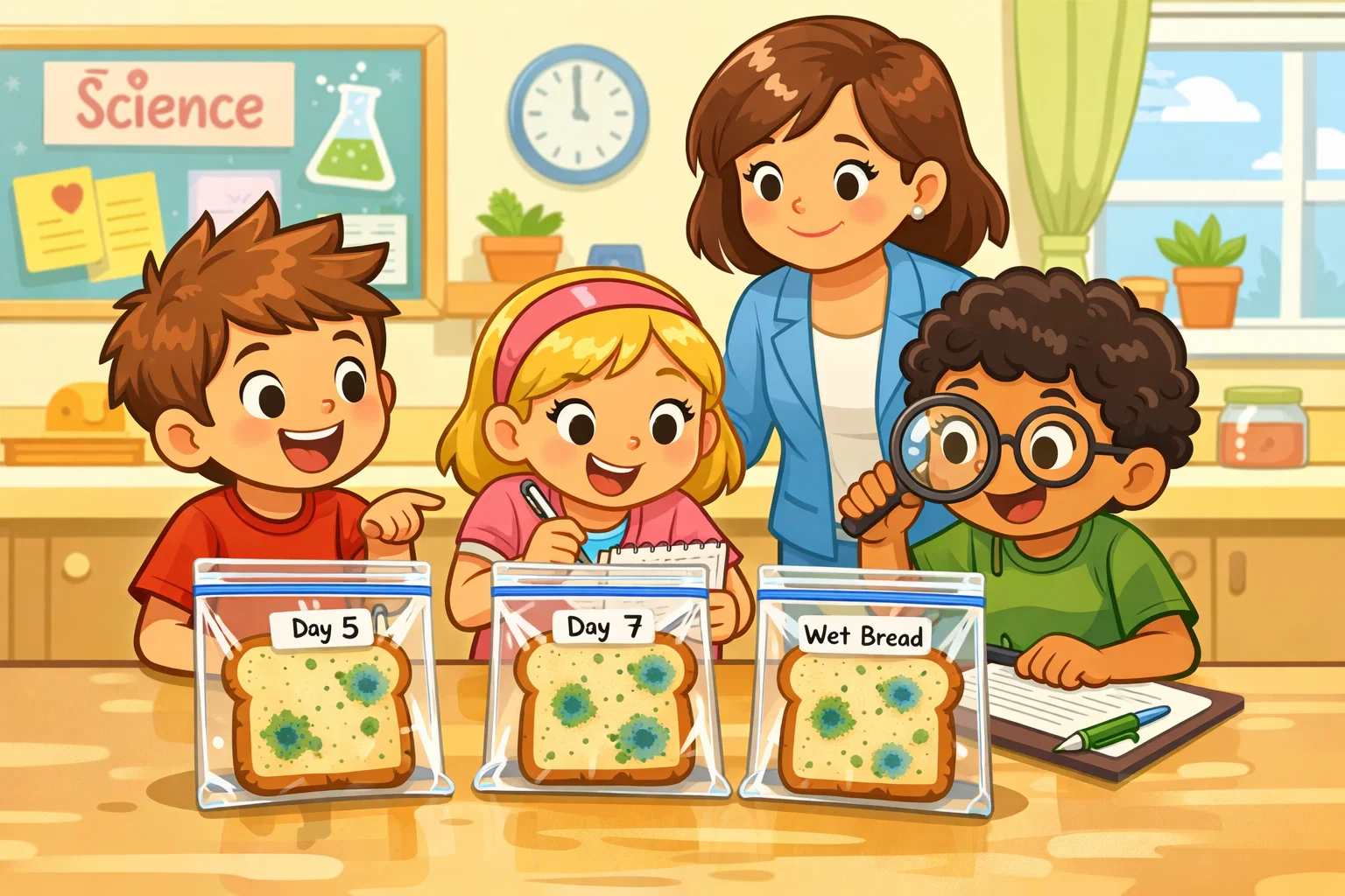 Mold growth experiment kids bread showing sealed slices observed during science activity.