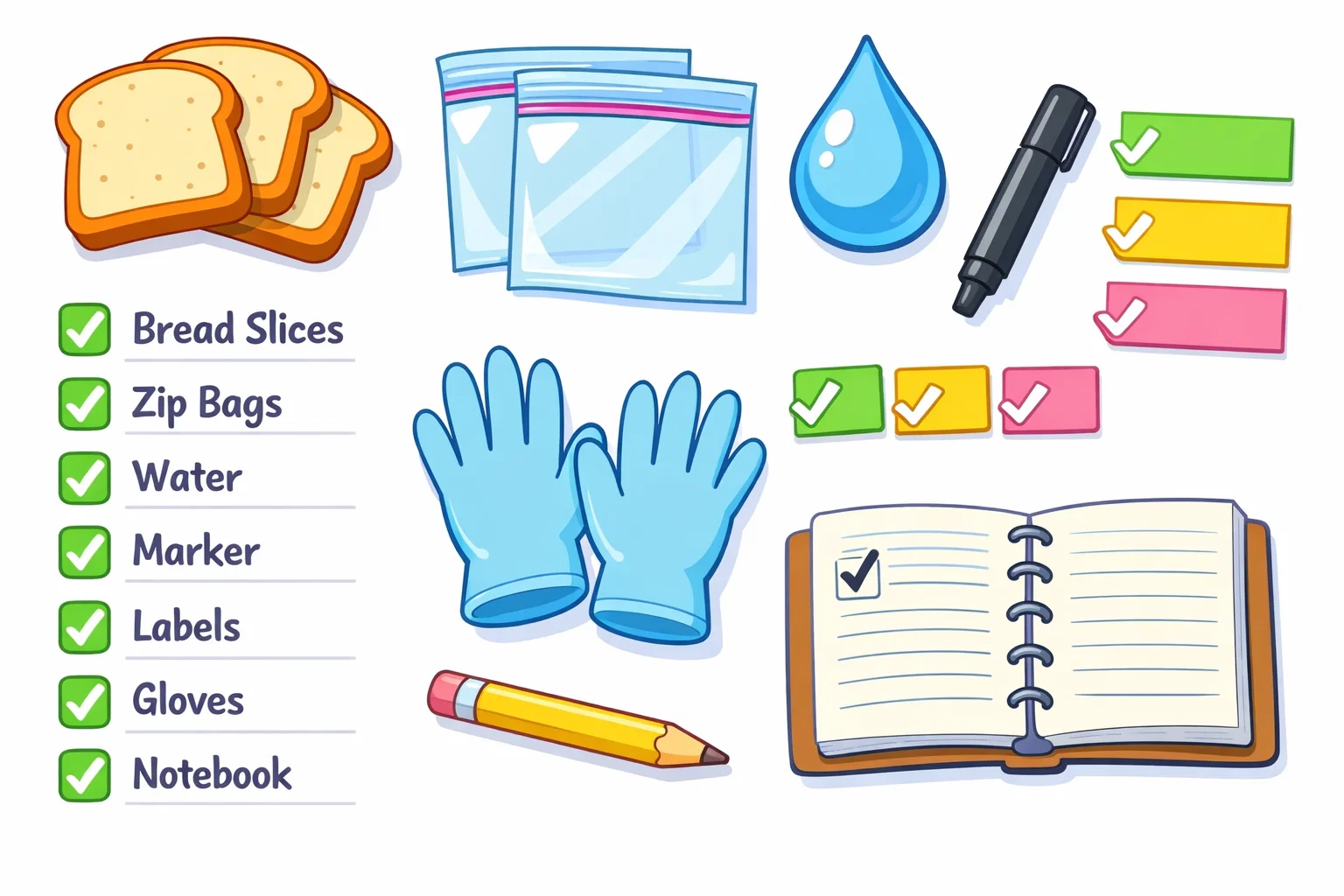 Mold growth experiment supplies including bread slices plastic bags and labels. Mold growth experiment supplies including bread slices plastic bags and labels.
