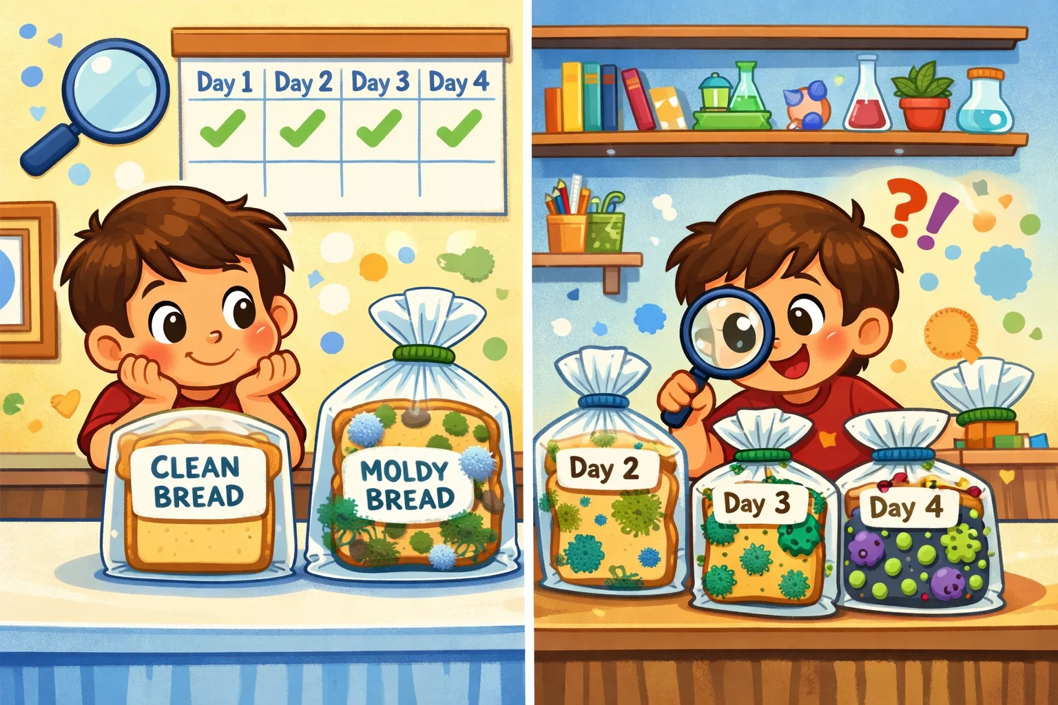 Mold growth observation process showing changes on bread recorded over time. Mold growth observation process showing changes on bread recorded over time.