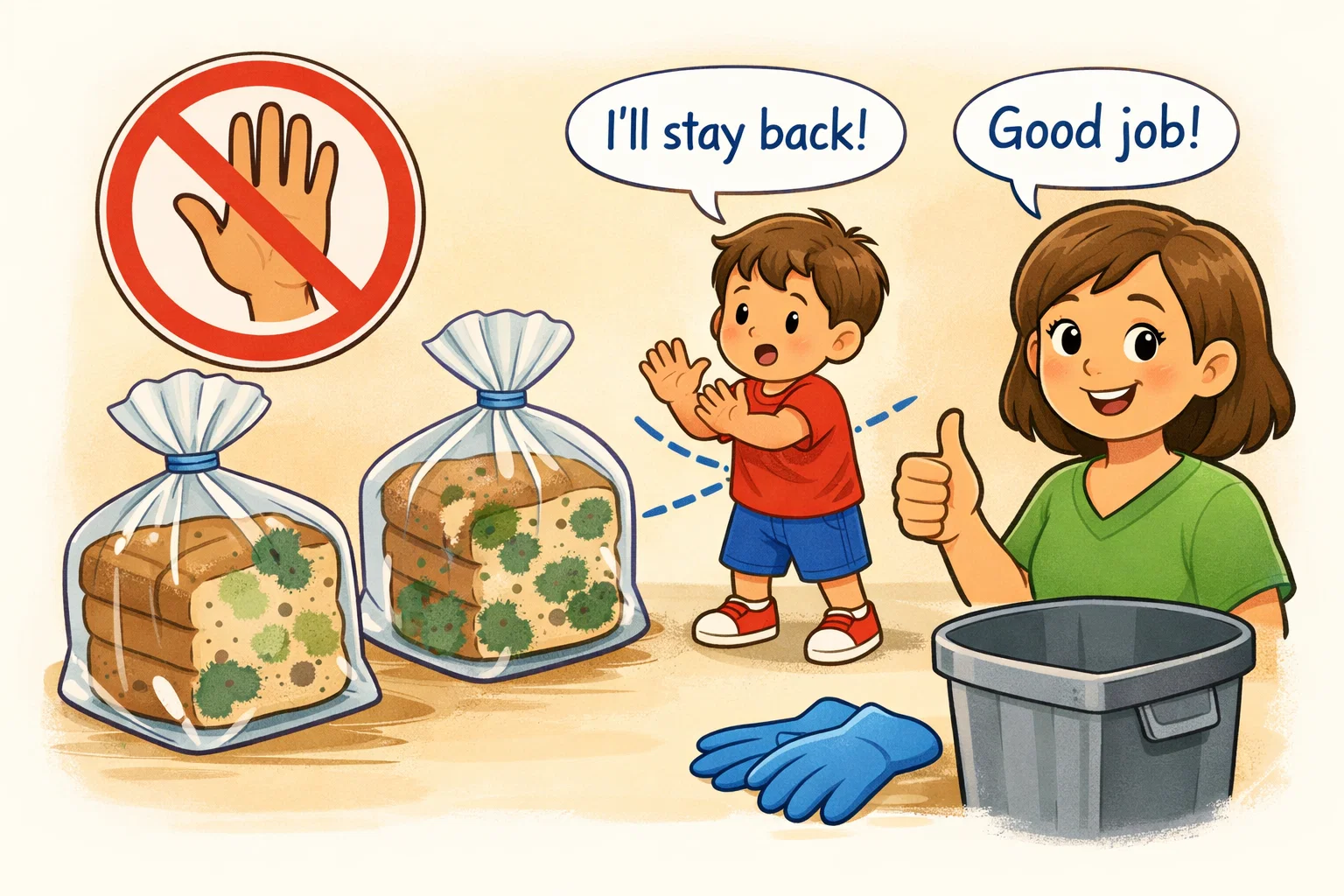 Mold safety guidelines kids showing sealed bread bags and safe observation rules. Mold safety guidelines kids showing sealed bread bags and safe observation rules.